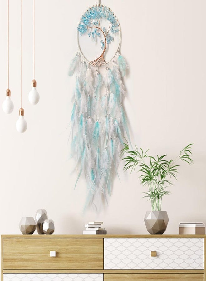 SOYUZU White and Cyan Dream Catcher Wall Decor Crystal Tree of Life Dream Catchers Handmade Feather Dreamcatcher Wall Hanging Ornament for Bedroom Living Room Home Decor - Image 3